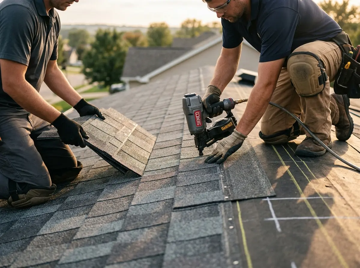 Professional roofer working on a residential roof in Branford